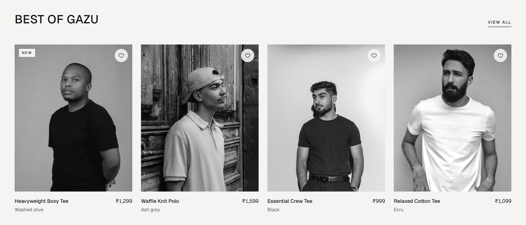 GAZU product grid, Best of GAZU with quick add, prices, and wishlist
