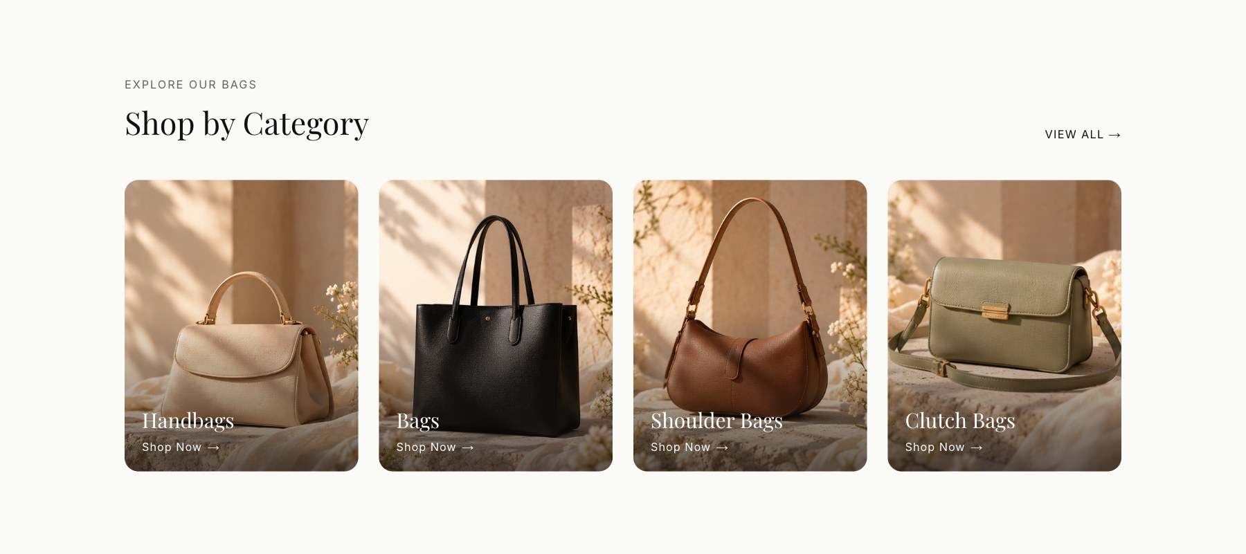 LAVÉRINE shop by category, handbags, bags, shoulder bags, and clutch bags as image cards