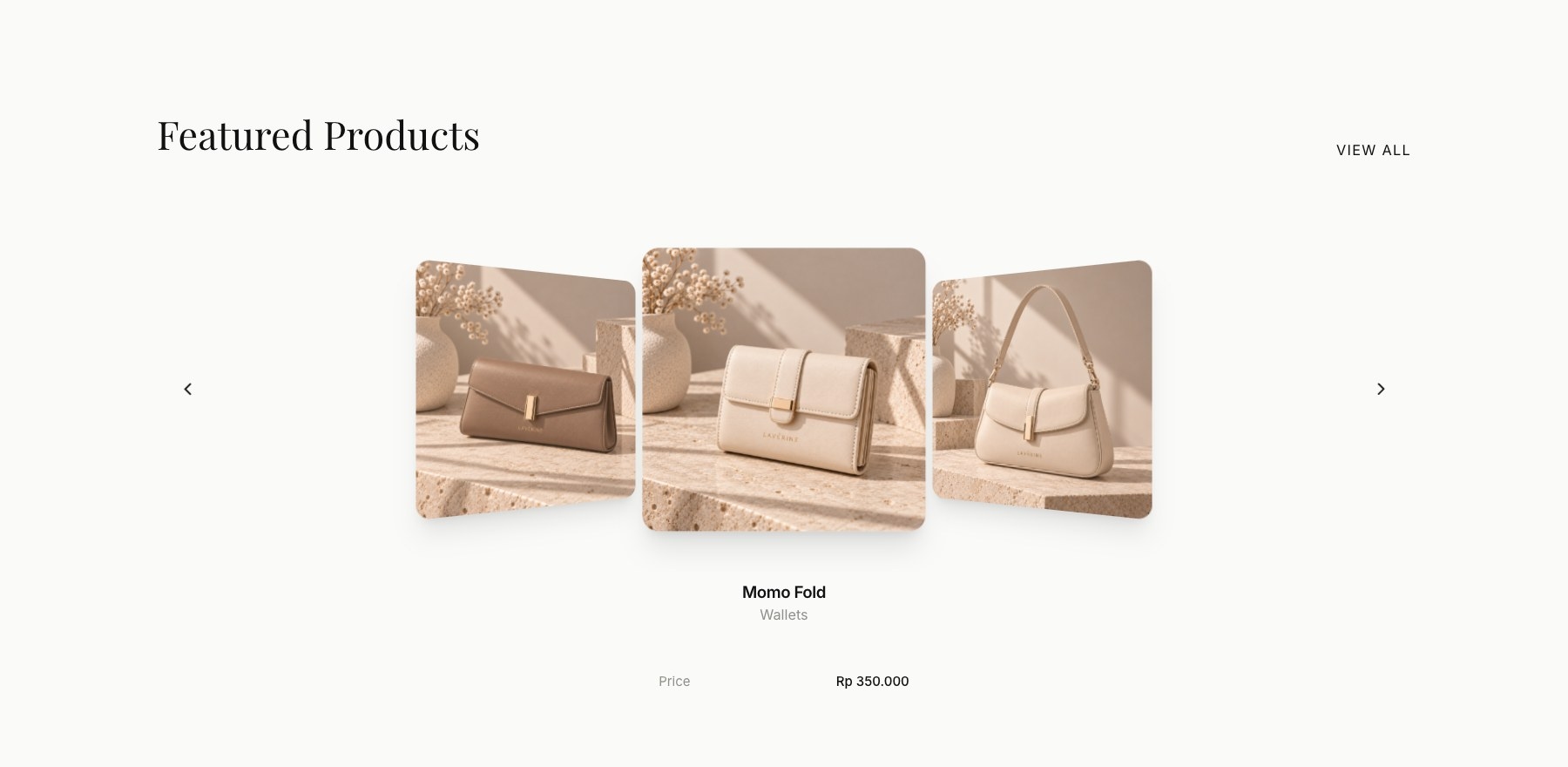 LAVÉRINE featured products, coverflow carousel with name, category, and price